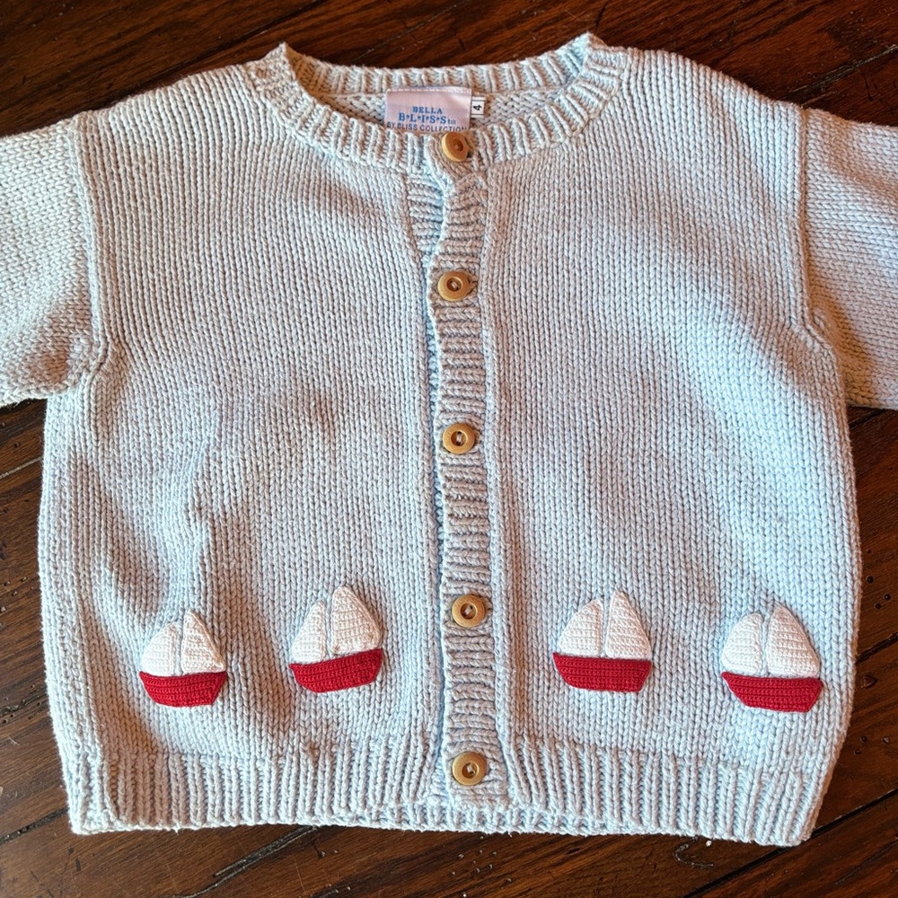 Applique Sailboat Light Blue Cardigan (EUC)
